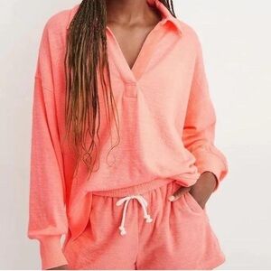 Aerie Orange Cable car split neck collared pullover top cozy comfortable Sz Lg